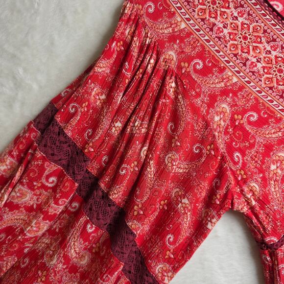 Free People XS Luna Scarf Lacey Print Exaggerated BellSleeve Boho Red Mini Dress - Picture 7 of 16